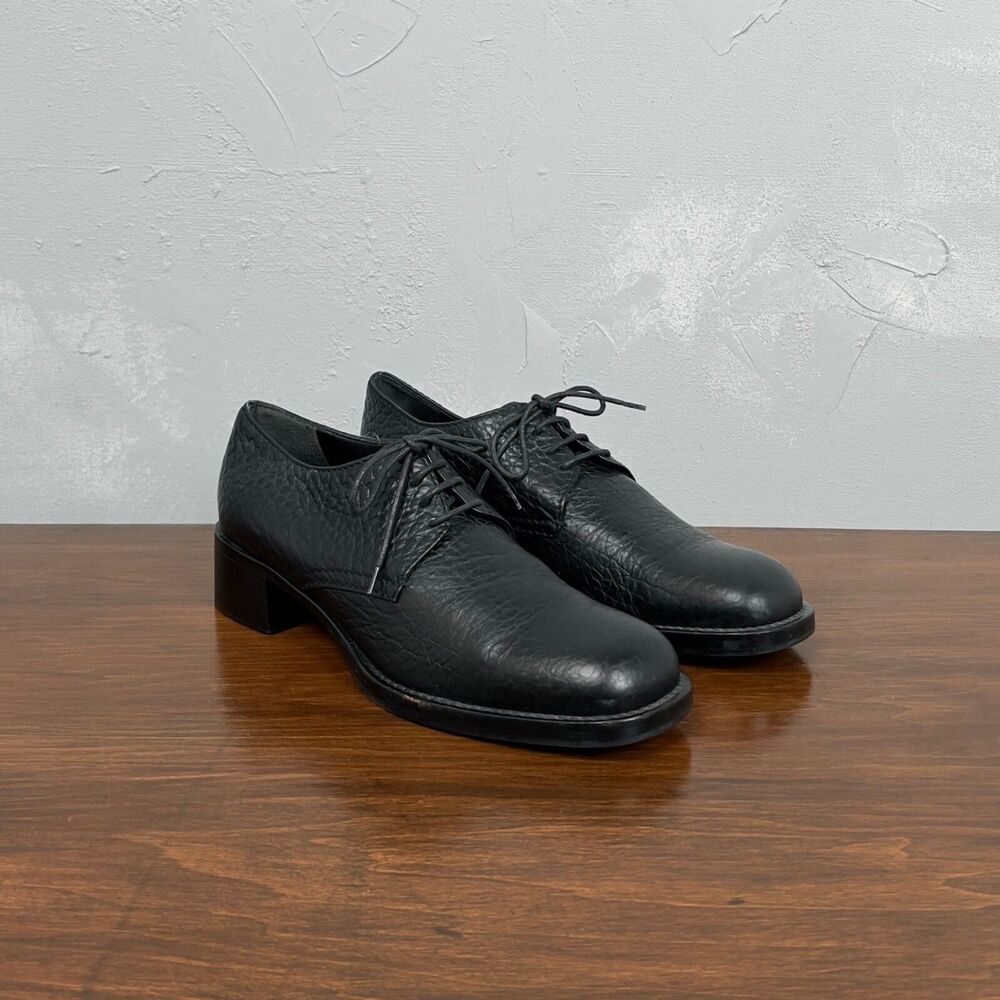 Prada Block Heel Lace Up Derby in Black Textured Leather Sz. 39.5, US 9.5 - Picture 2 of 9